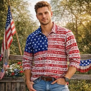 Mens 2XL USA Flag All States Patriotic Button Up Shirt Long Sleeve Casual